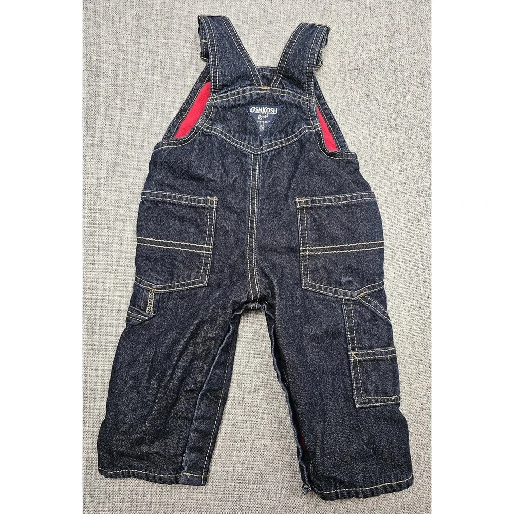OshKosh B'gosh Overalls Boys 6M Blue Denim Lined Bib Pants Winter Fleece Pockets